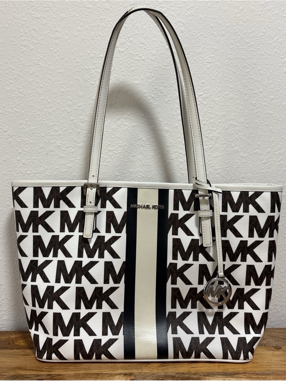 Michael Kors Jet Set Travel White and Brown MK Signature Stripe Tote